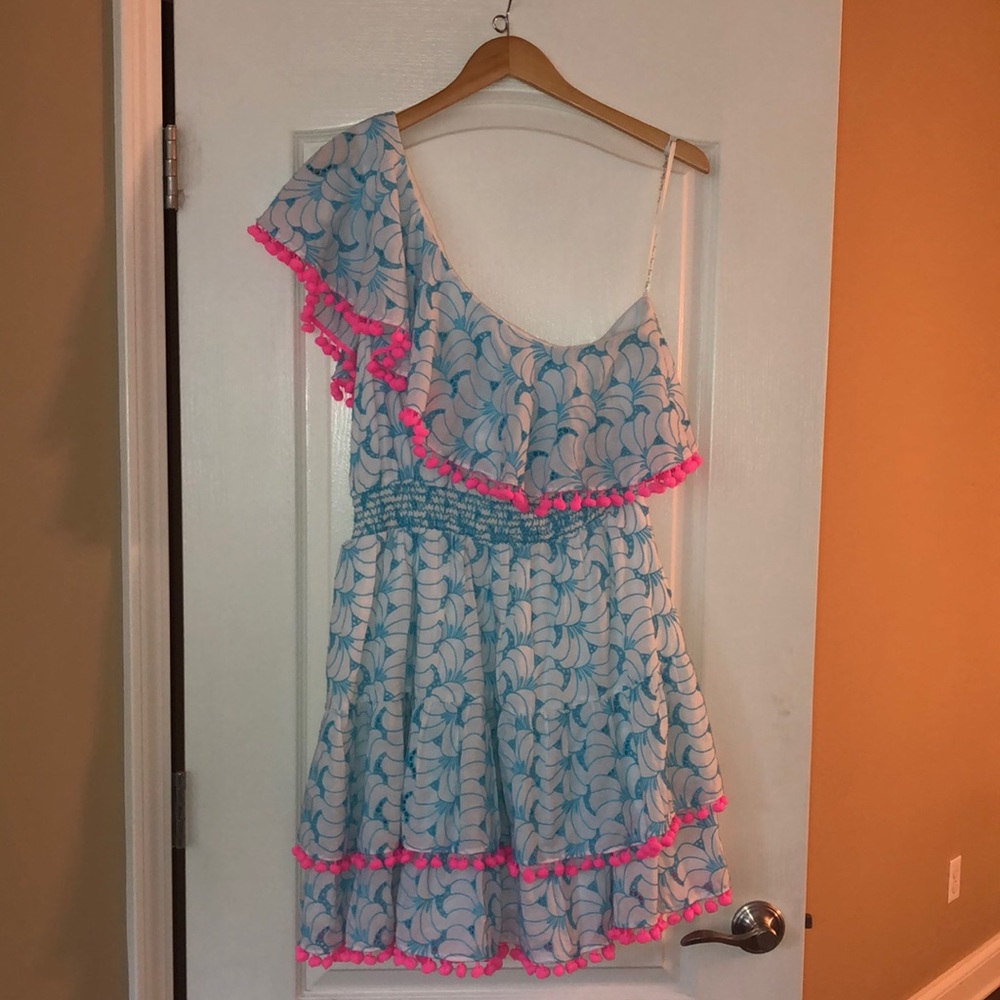 Lilly Pulitzer One-Shoulder Blue & White Sundress with Hot Pink Trim